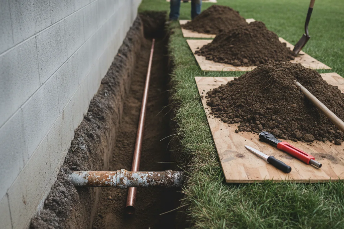Excavated water line trench during Water Softener Installation in Dover Plains